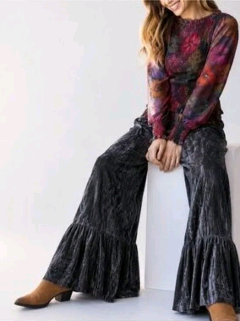 Natural Life Crushed Velvet Tiered Charcoal Gray Wide Leg Palazzo Pull-on Pant